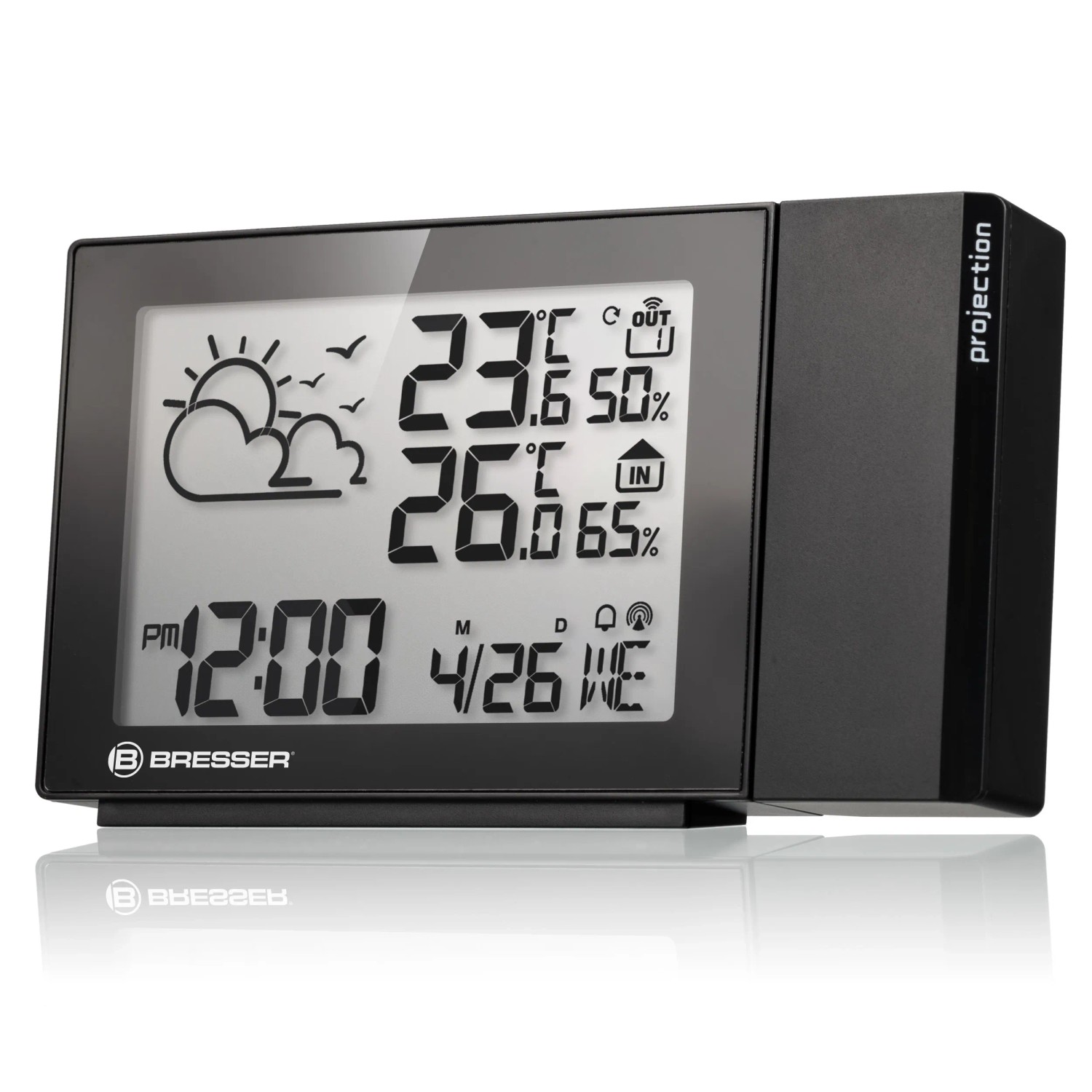 Bresser Funk-Wetterstation MeteoTemp P mit Projektion von Wetterdaten und Uhrzeit.