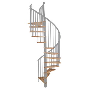 Graue Minka Spindeltreppe Spiral Effect mit Buchenholzstufen, Durchmesser 120 cm.