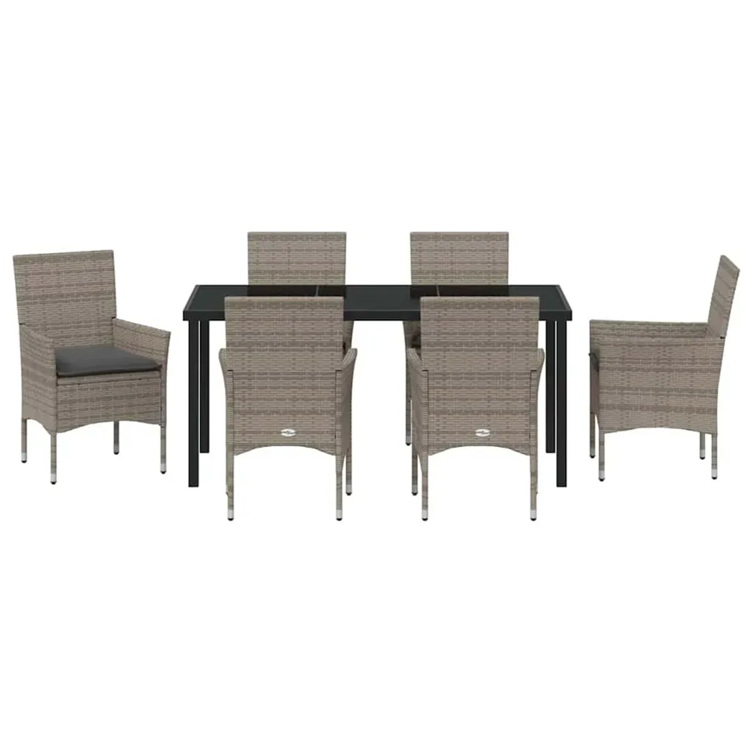Graue 7-tlg. vidaXL Garten Essgruppe aus Poly Rattan mit Tisch und Stühlen inklusive Kissen.