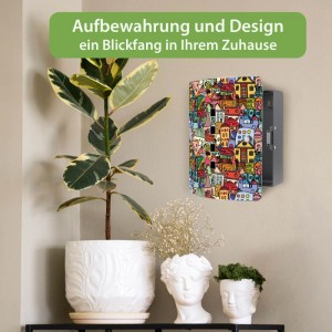 Banjado Design Schlüsselkasten aus Edelstahl mit buntem Funky Town Motiv an der Wand. Die offene Tür zeigt das schwarze Gehäuse. Praktische Garderoben-Aufbewahrung.