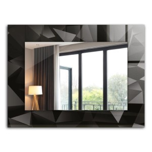 Rechteckiger Tulup Spiegel 80x60 mit schwarzem, geometrischem Aufdruck als Wanddeko.