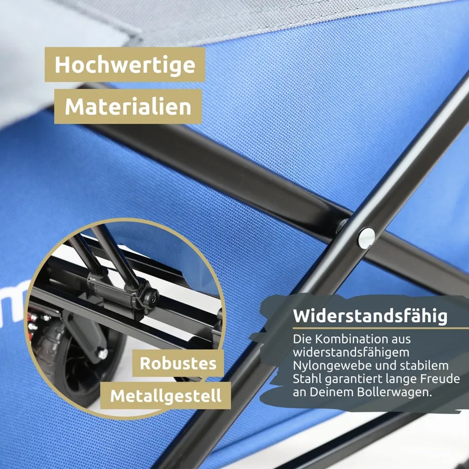 Detailaufnahme: Blauer deluxe4home Bollerwagen mit robustem Metallgestell und widerstandsfähigem Nylongewebe.