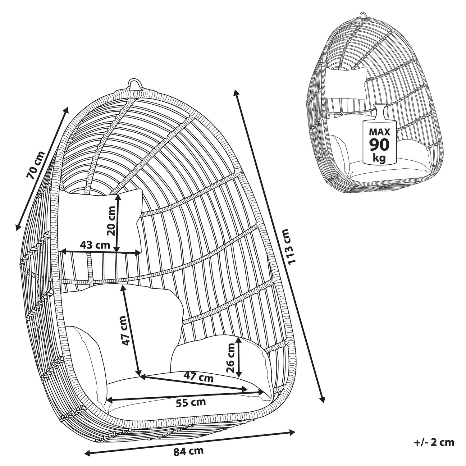 Skizze: Grauer Beliani Hängesessel 70x84x113 mit Maßen und Belastungsgrenze.