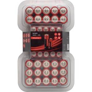 50er-Pack Alkaline Batterien AAA und AA für Geräte mit konstantem Strombedarf.