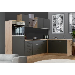 Moderne Winkelküche Morena in Basaltgrau und San Remo Eiche Optik mit E-Geräten.