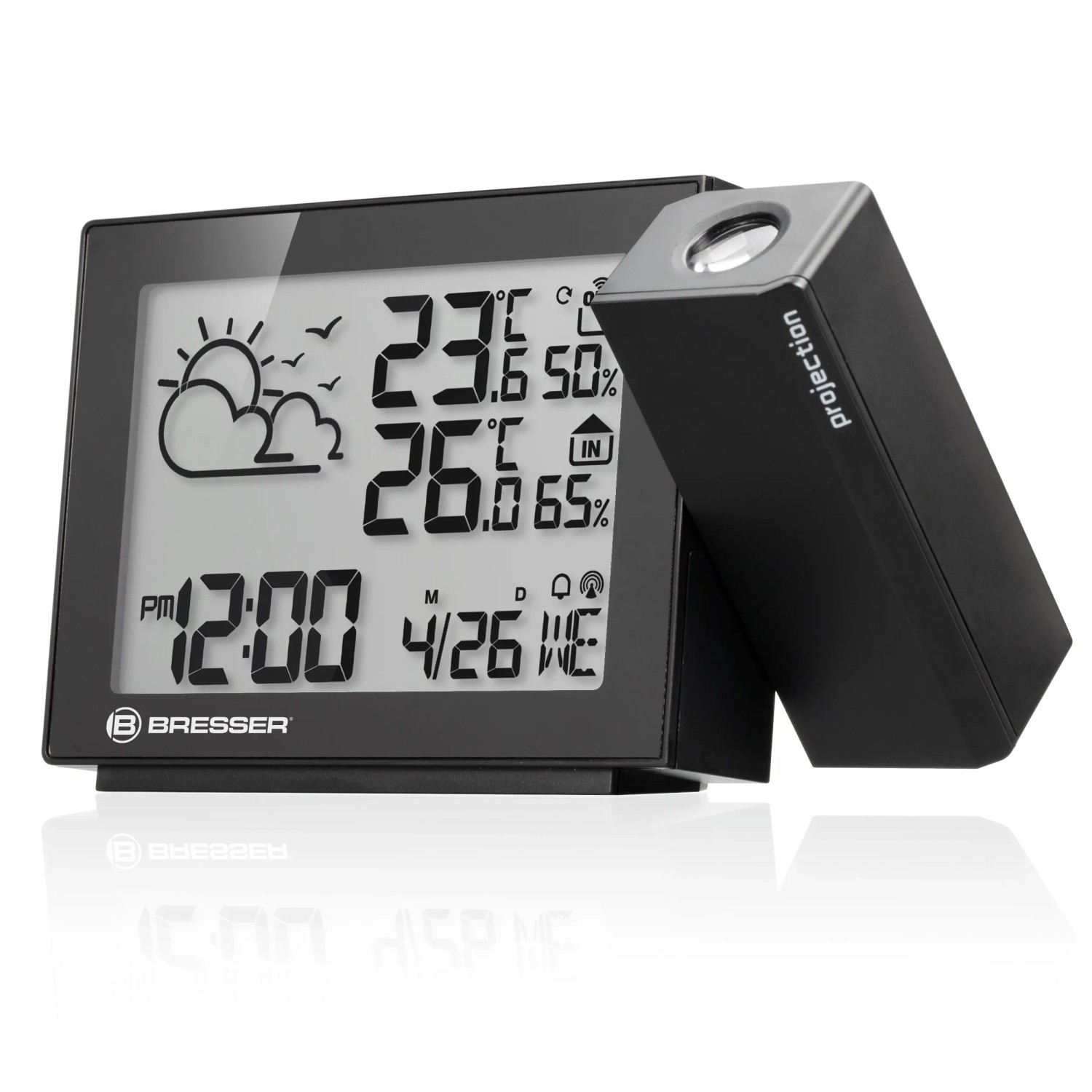 Bresser MeteoTemp P Funk-Wetterstation mit Projektion von Uhrzeit und Wettervorhersage.
