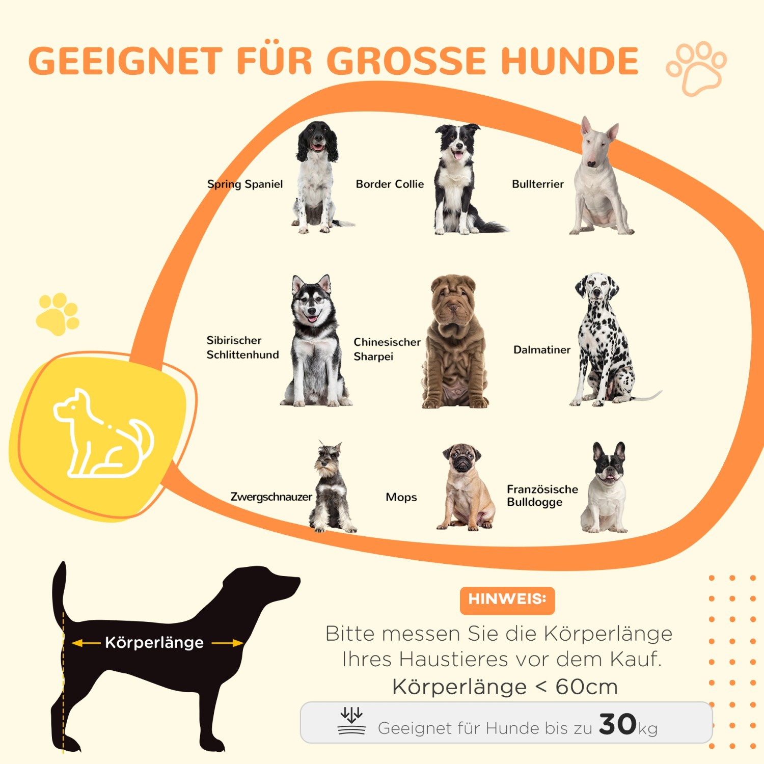 Infografik: Geeignete Hunderassen bis 30kg für PawHut Hundekäfig.