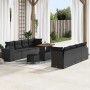 Schwarzes 11-teiliges vidaXL Garten-Sofa-Set aus Poly Rattan mit Tisch und Hockern.