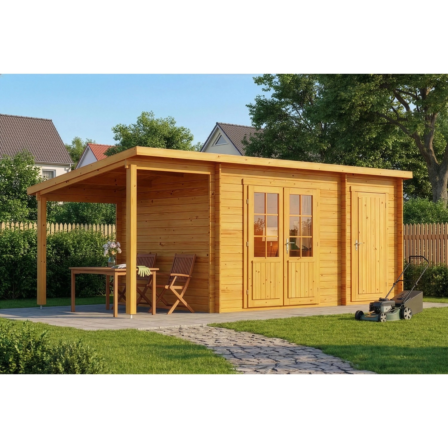 Alpholz Gartenhaus Maria-40 Natur 450 x 250 cm + 150 cm Schleppdach, imprägniert