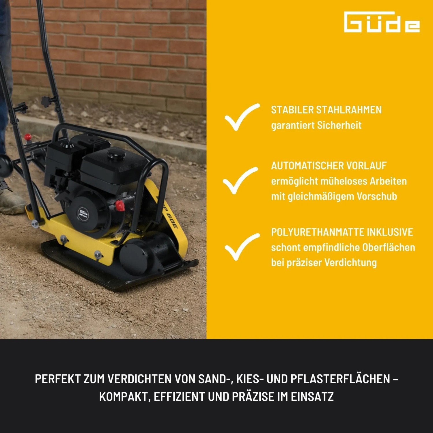 Güde Rüttelplatte GRP 60E: Baumaschine zum Verdichten von Flächen, mit Stahlrahmen und Polyurethanmatte.