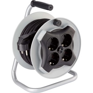 Kabeltrommel mit 5 m Textilkabel, 4 Steckdosen, grau/schwarz, für Innenräume.