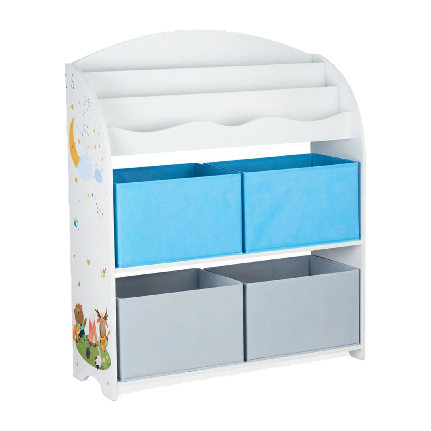 Relaxdays Kinderregal Spanplatte Stoff Bunt mit 4 Stoffboxen 98 cm x 82,5 cm x 30 cm 15 kg