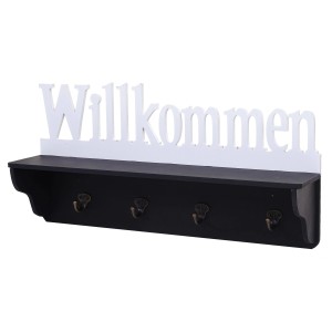 Schwarze Wandgarderobe mit 4 Haken, Ablage und weißem "Willkommen" Schriftzug.