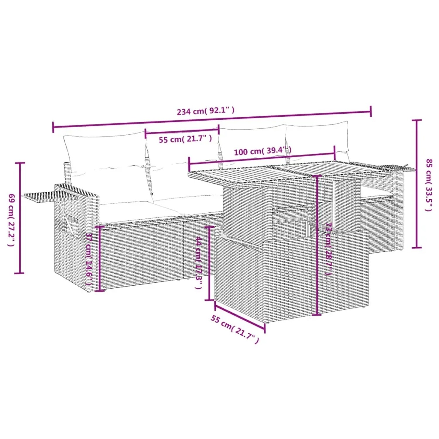 vidaXL 5-tlg. Garten-Sofagarnitur, schwarz, Poly Rattan, mit Maßen. Ideal für Terrasse und Garten.