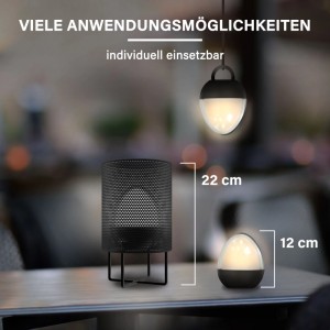 MegaLight Ovo Dot LED-Akku-Tischleuchte: zylindrisch (22cm) mit perforiertem Schirm & eiförmig (12cm). Dimmbar, RGBW, Indoor/Outdoor.