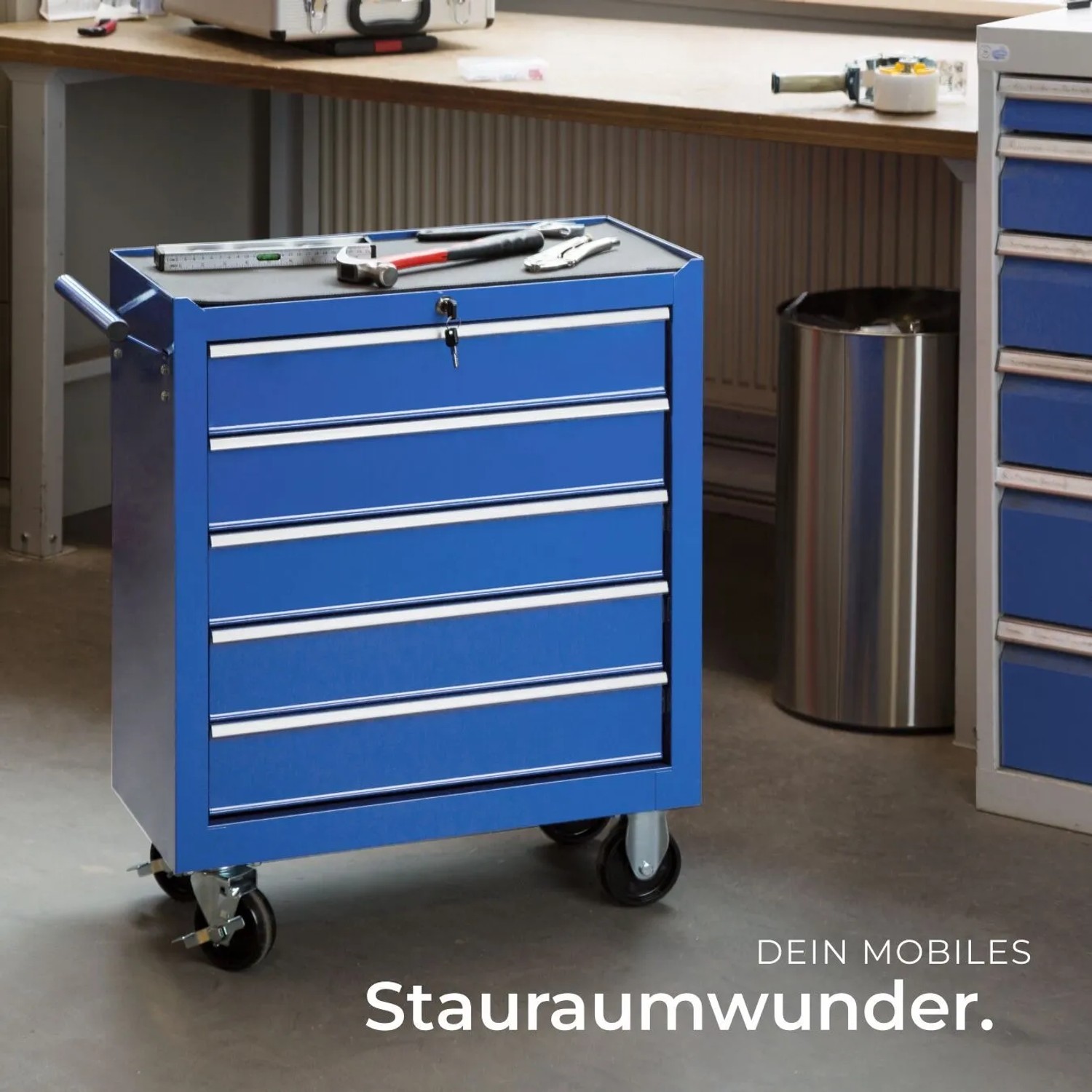Tectake Werkzeugwagen  5 Kugelgelagerte Schubladen Mit Antirutschmatten Belastbarkeit 150 kg  69 x 33 x 79 cm Blau_7