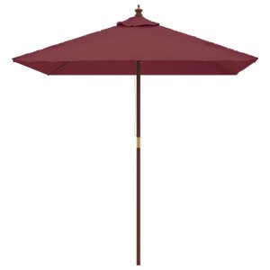 Quadratischer Sonnenschirm in Bordeauxrot mit Holzmast und Belüftung für Garten und Terrasse.