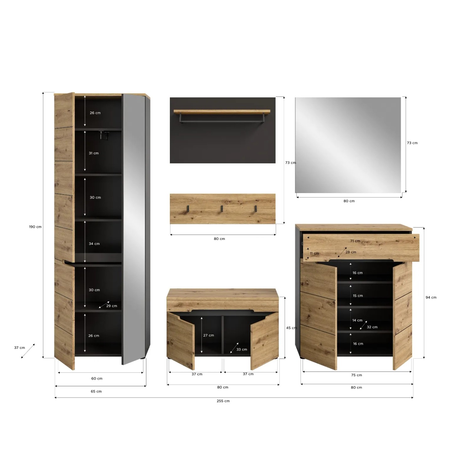 Inn.Furn Garderobe Set 6-teilig Eiche Grau 255 cm mit Soft-Close Cooper_10