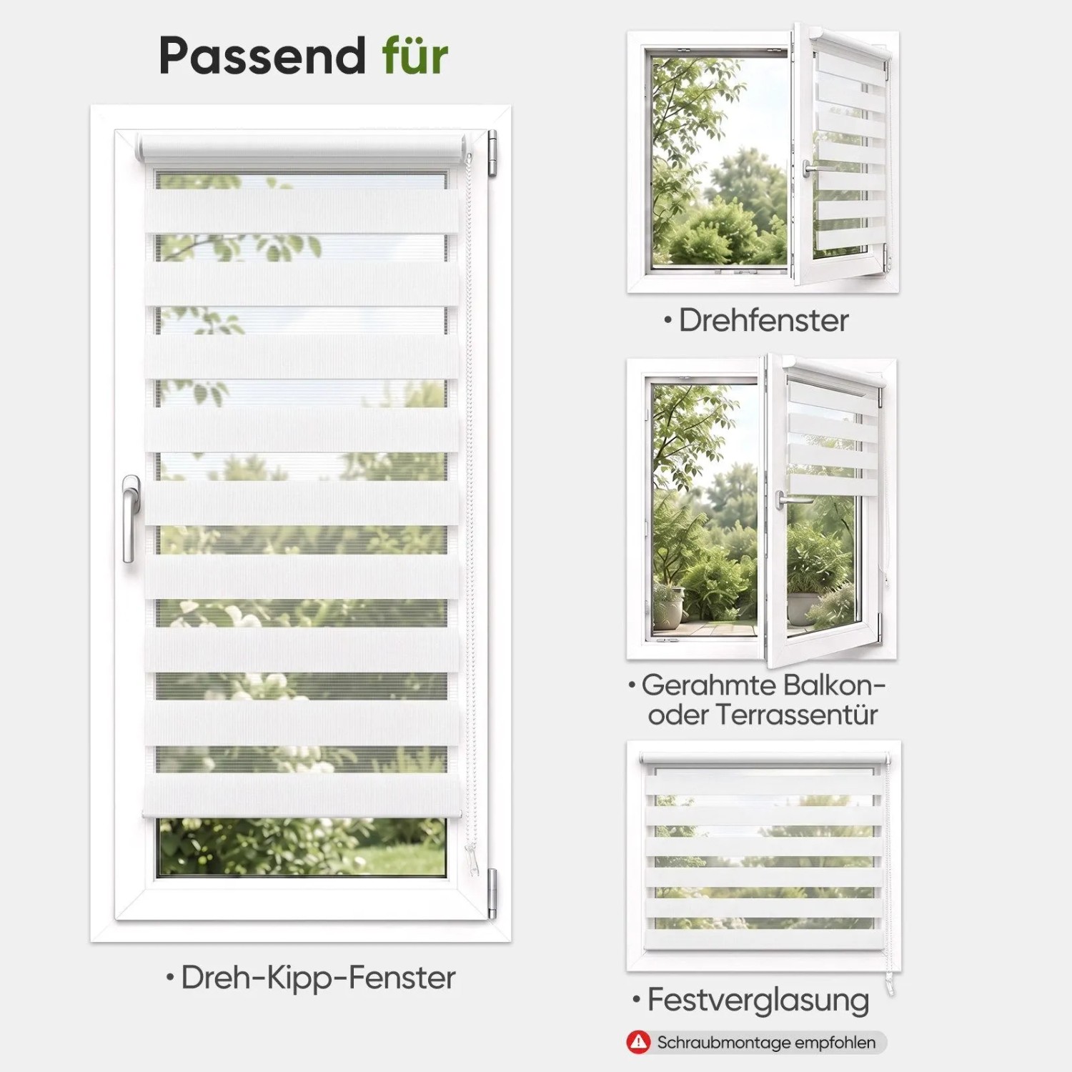 Weißes SALCAR Doppelrollo Klemmfix an verschiedenen Fenstern und Türen. Regulierbarer Sichtschutz mit Tag-Nacht-Funktion.