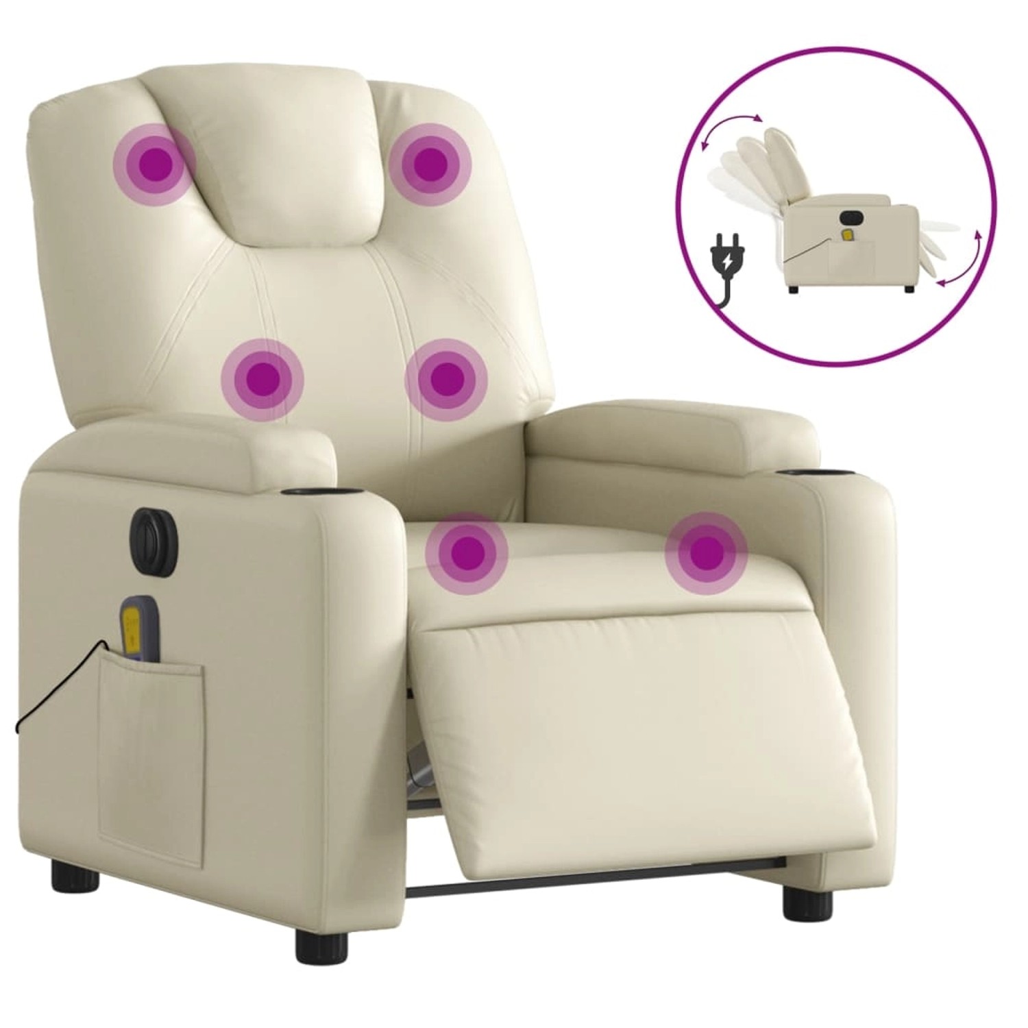 Elektrischer Massagesessel in Creme Kunstleder mit Getränkehalter und Vibrationsmassage.