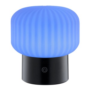 Brilliant LED Tischleuchte Sarastro weiß/schwarz. Gerippter Schirm leuchtet blau, dimmbar, RGB.