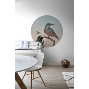 Selbstklebende, runde Tapete mit Eisvogel auf Zweig vor Abendrot (Ø 140 cm). Wandtattoo für Wohnraum.