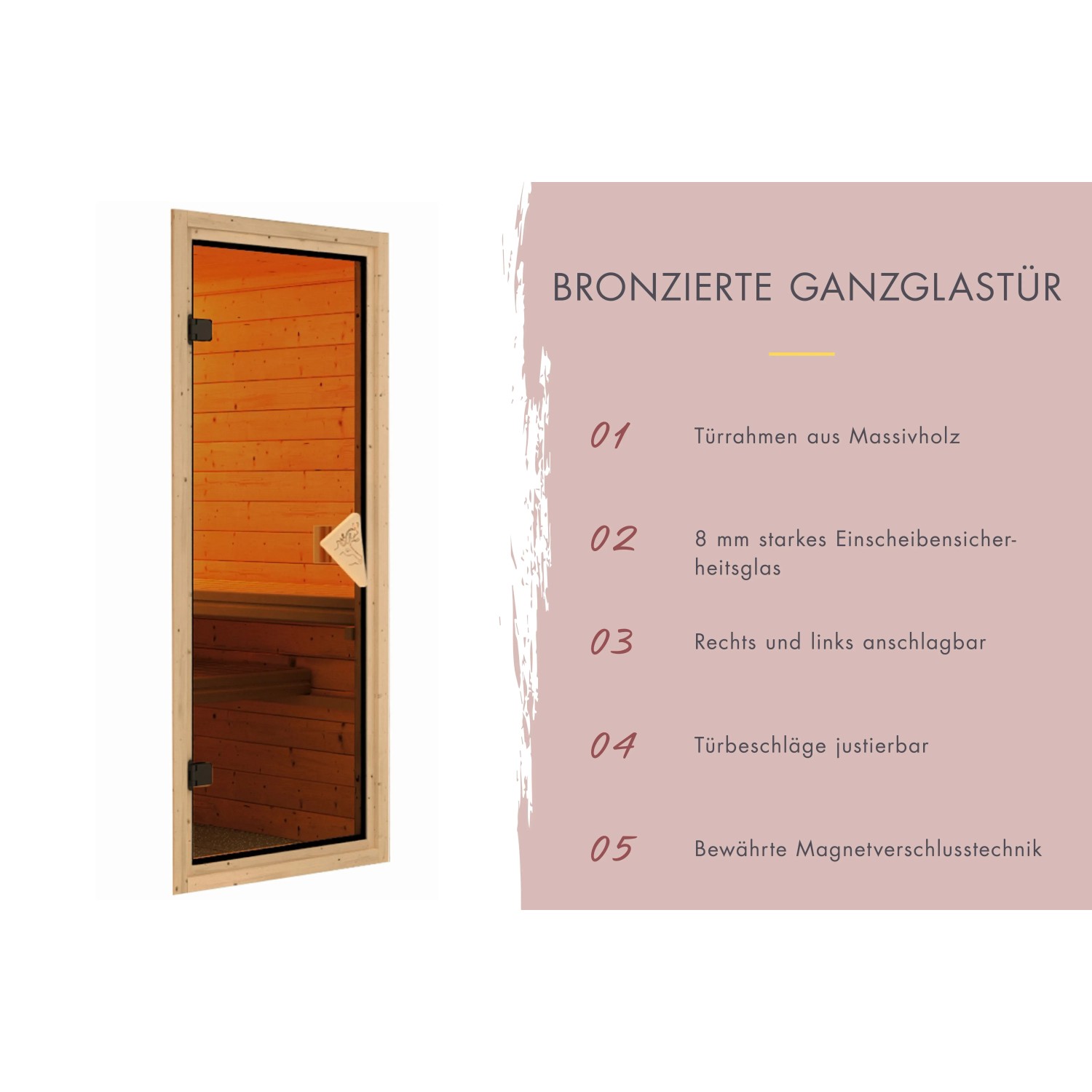 Bronzierte Glastür für Karibu Fass-Sauna mit Holzrahmen und Magnetverschluss.