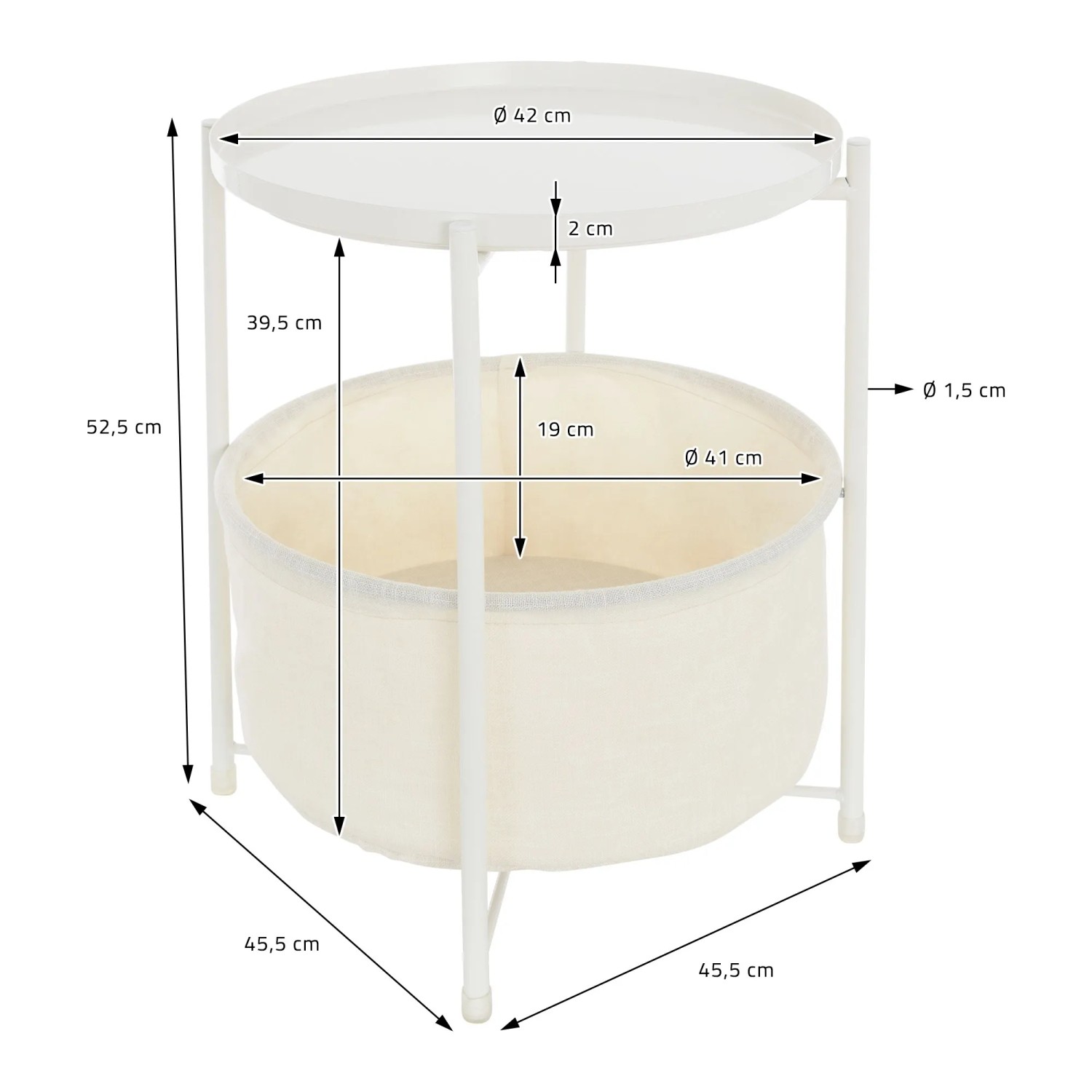 Weißer ML-Design Beistelltisch mit Stoffkorb, rund, 45,5x52,5 cm, Metallgestell.