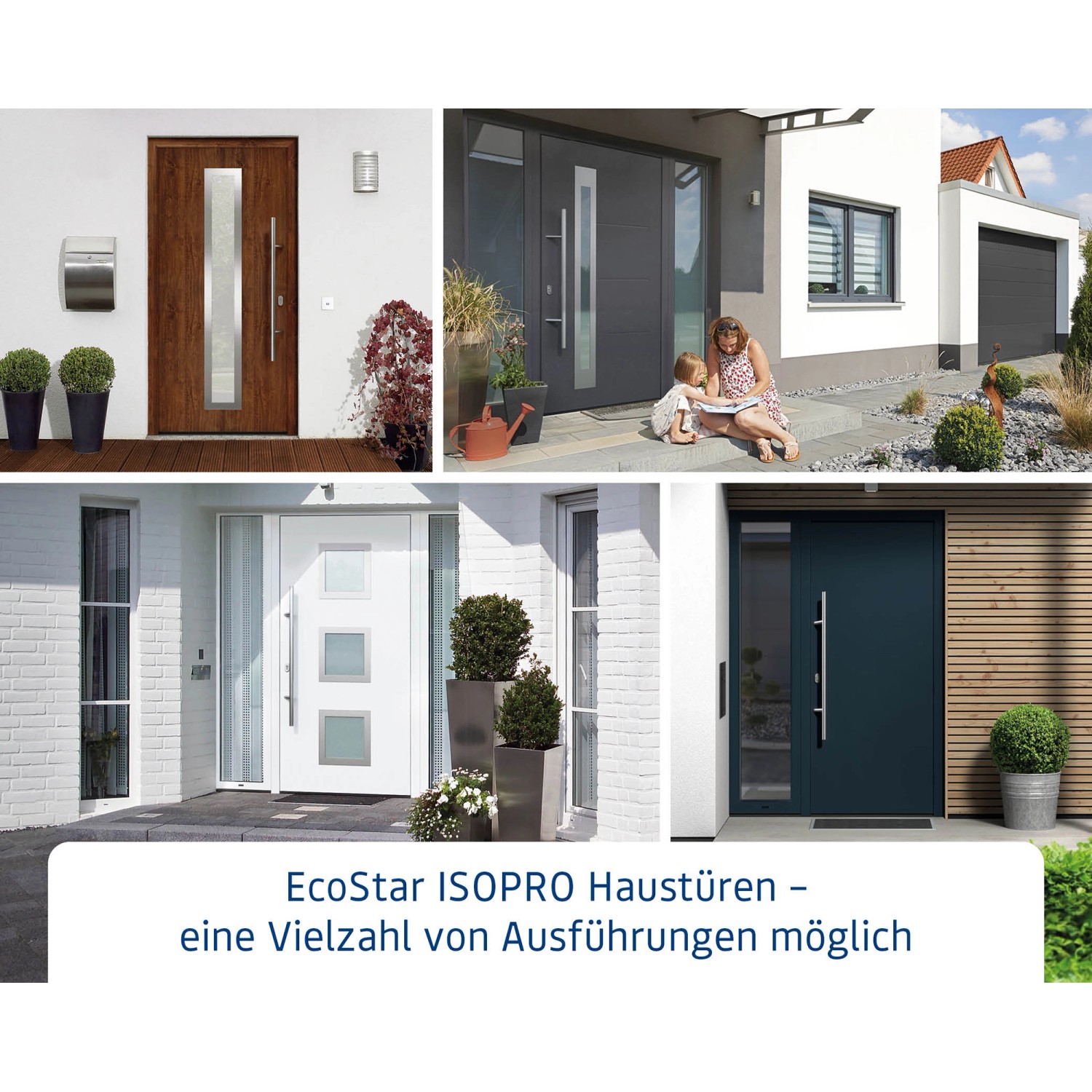 EcoStar Isopro Haustüren: Verschiedene Modelle in Terrabraun, Weiß, Grau und Blau mit Edelstahlgriffen.
