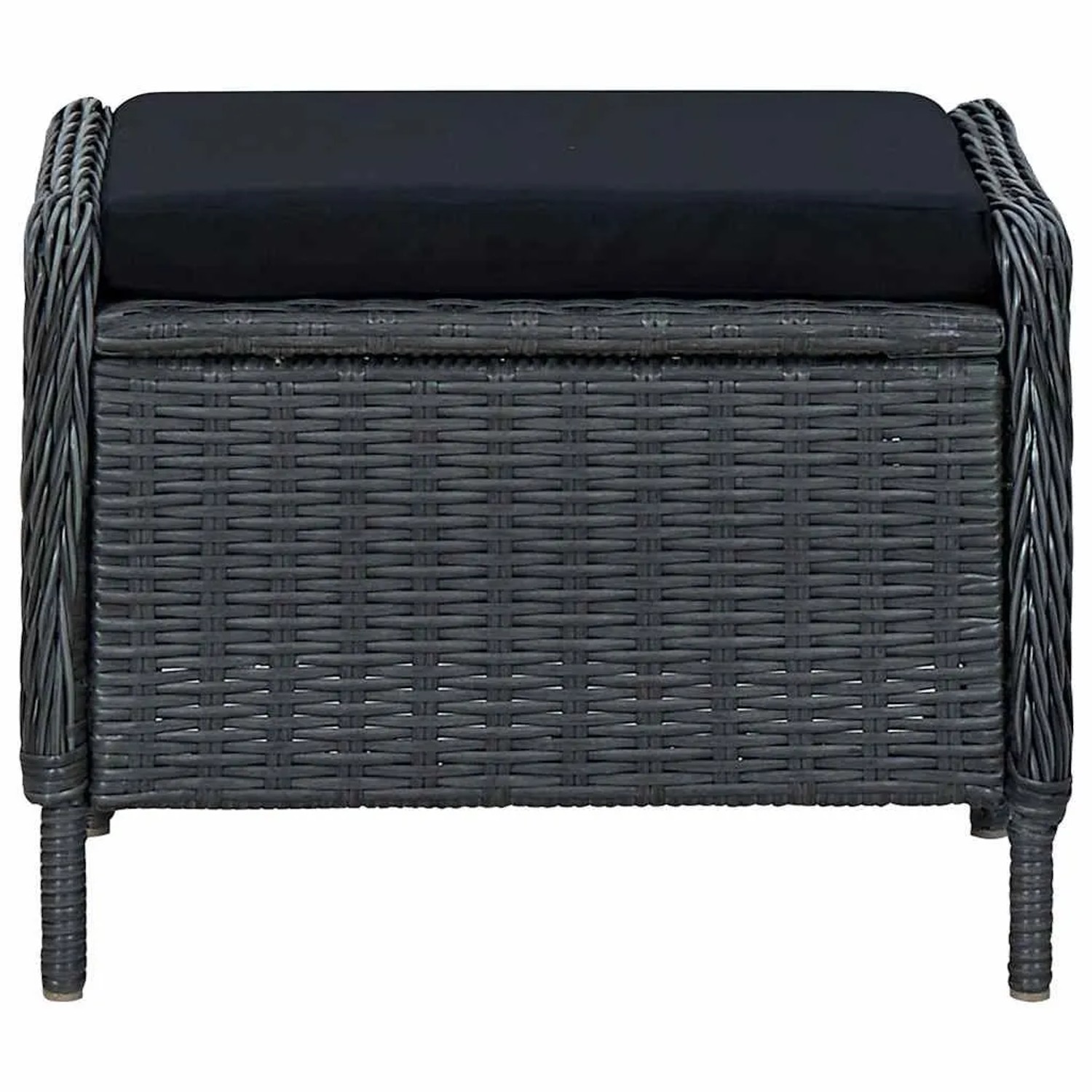 Dunkelgrauer Poly-Rattan Fußhocker mit schwarzem Kissen. Robuster Gartenhocker für entspannte Stunden im Freien.