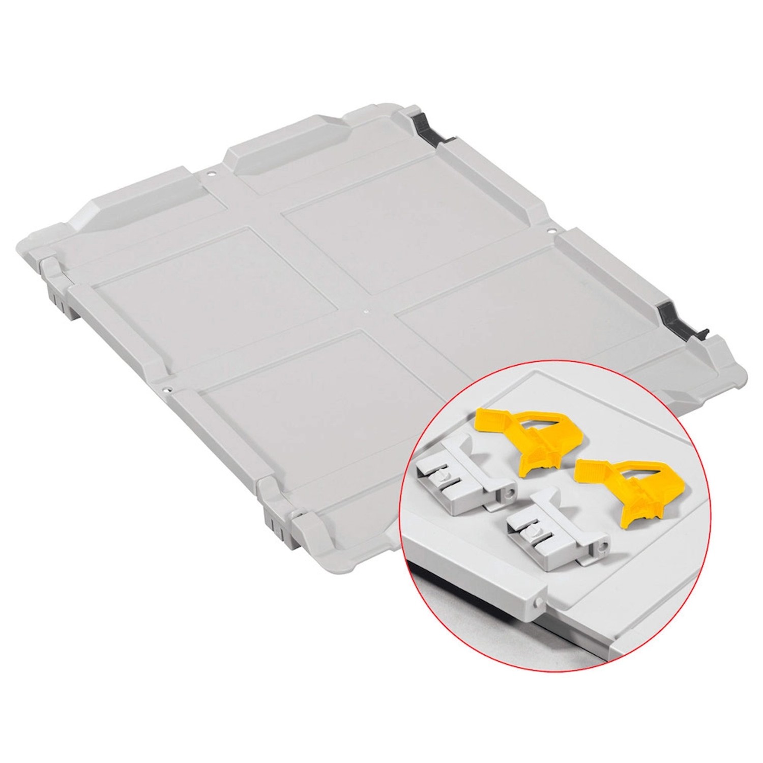 PROREGAL Eurobox Nextgen Set, 5 graue Aufbewahrungsboxen mit gelben Griffen und Scharnierdeckel.