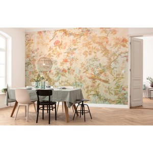 Komar Vlies Fototapete Oiseau de Paradis (350x255 cm) im Esszimmer mit floralem Vogelmuster.