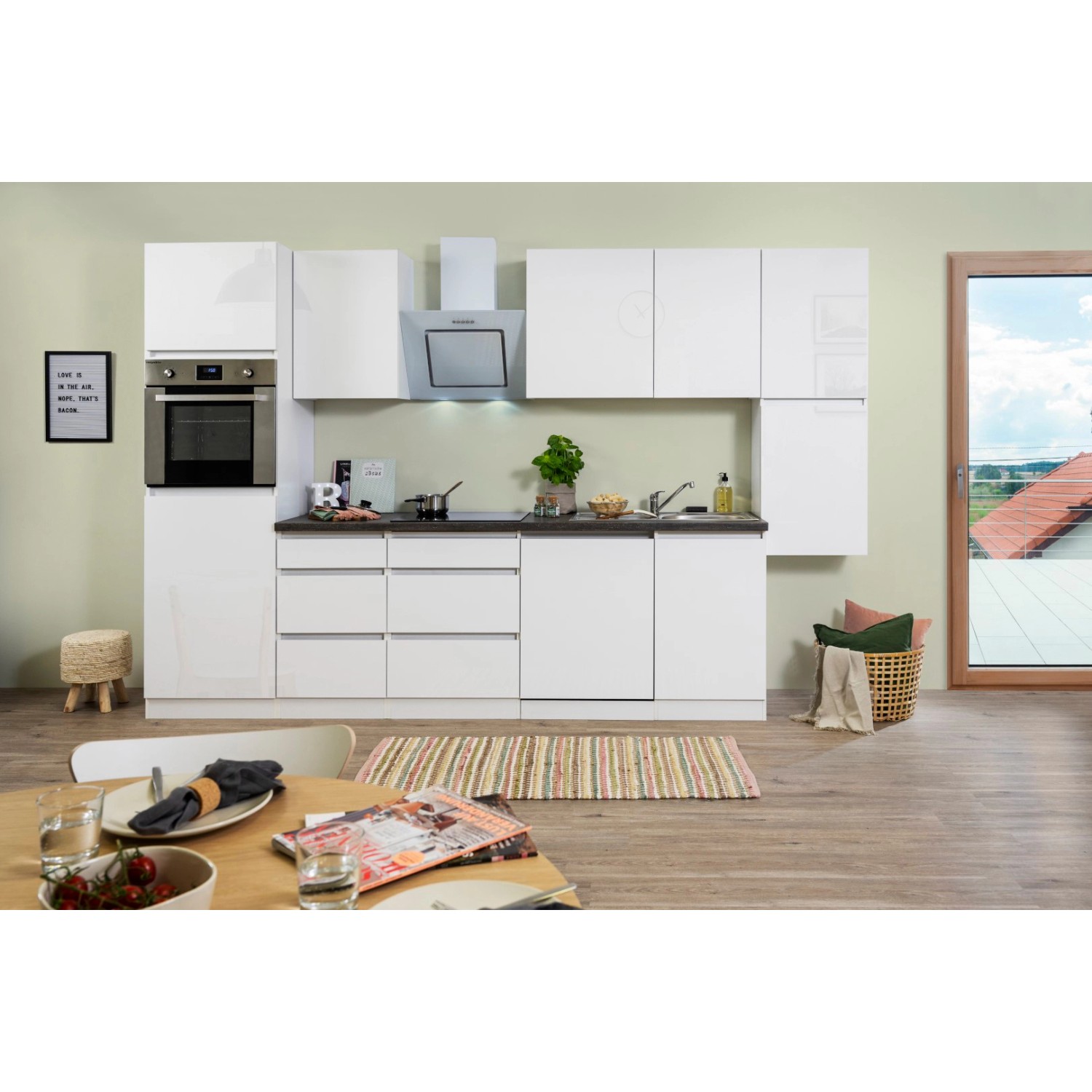 Respekta Küchenzeile/Küchenblock ohne E-Geräte 330 cm Grifflos Weiß Hochglanz