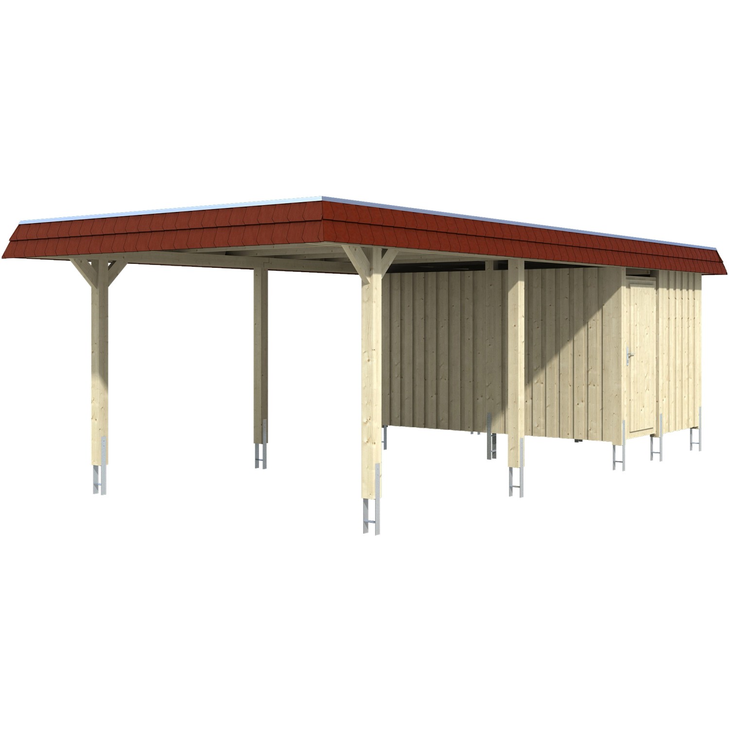 Skan Holz Carport Wendland Natur + Anbau 409 x 870 cm Alu-Dach Blende Rot günstig online kaufen