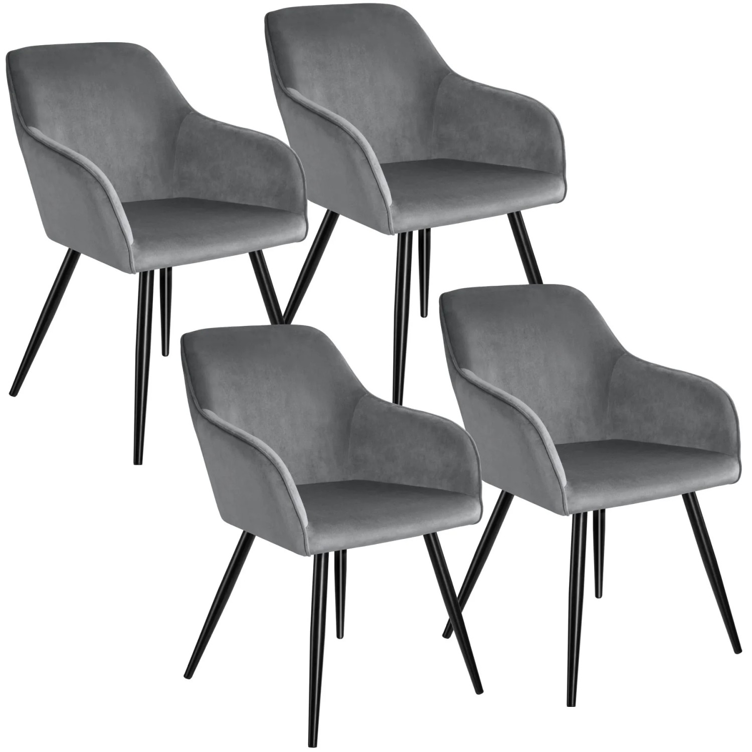 Tectake Esszimmerstuhl Marilyn Gepolstert  In Samtoptik Durchgehende Lehne 4Er Set 62 x 58 x 82 cm Grau Schwarz
