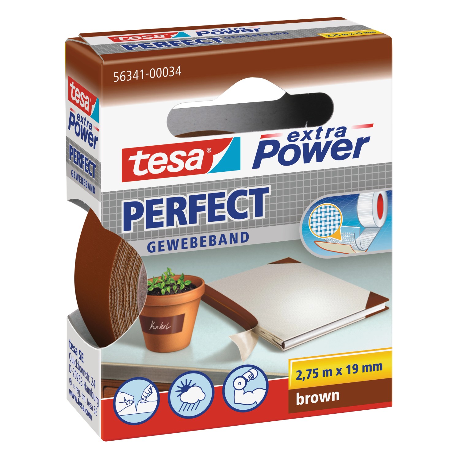 Tesa Extra Power Perfect Gewebeband Braun 2,75 m x 19 mm