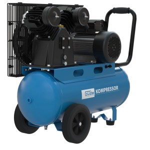 Blauer Güde Kompressor 415/10/50 mit schwarzem Motor und Rädern.