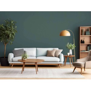 Wohnraum mit grüner Erfurt Vliesfaser Colour 302-5 Tapete und passender Einrichtung.