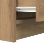 Detail des Nachttisches Artisan-Eiche. Zeigt Holzoptik, eine Schublade mit weißer Führung und den Holzwerkstoff.