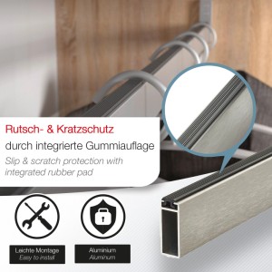 SOTECH NANO Schrankrohr aus matt gebürstetem Aluminium mit schwarzer Gummiauflage. Rutschschutz für Kleiderbügel.