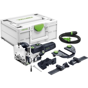 Festool Domino-Dübelfräse Df 500 Rq-Set mit schwarzer Fräse, Kabel, Anschlägen und Systainer für Holzbearbeitung.