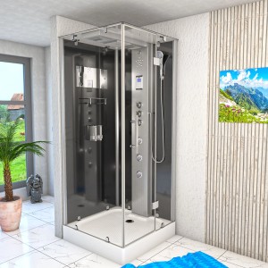 AquaVapore Dampfdusche D38-13R3 90x90 cm mit schwarzer Rückwand und Regendusche.