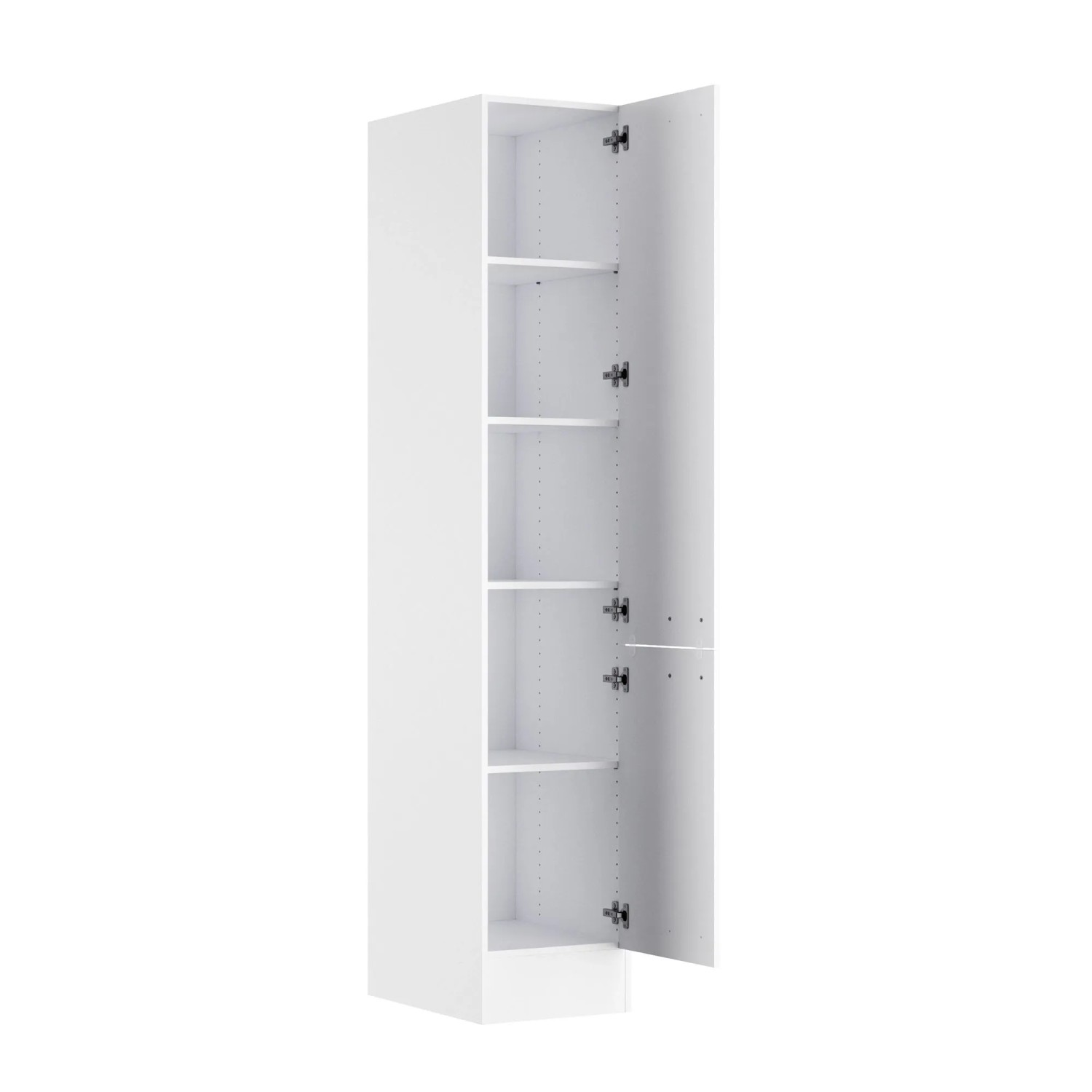 Weißer OPTIFIT Vorratsschrank Bonn214 (40x210x57 cm) mit offenen Türen und Einlegeböden.