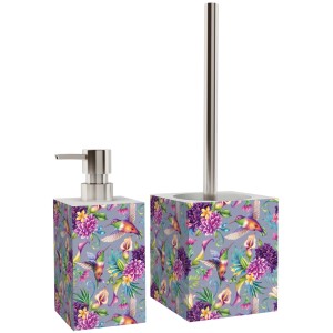 Sanilo Bad-Set Kolibri: Seifenspender und WC-Bürste mit floralem Muster.