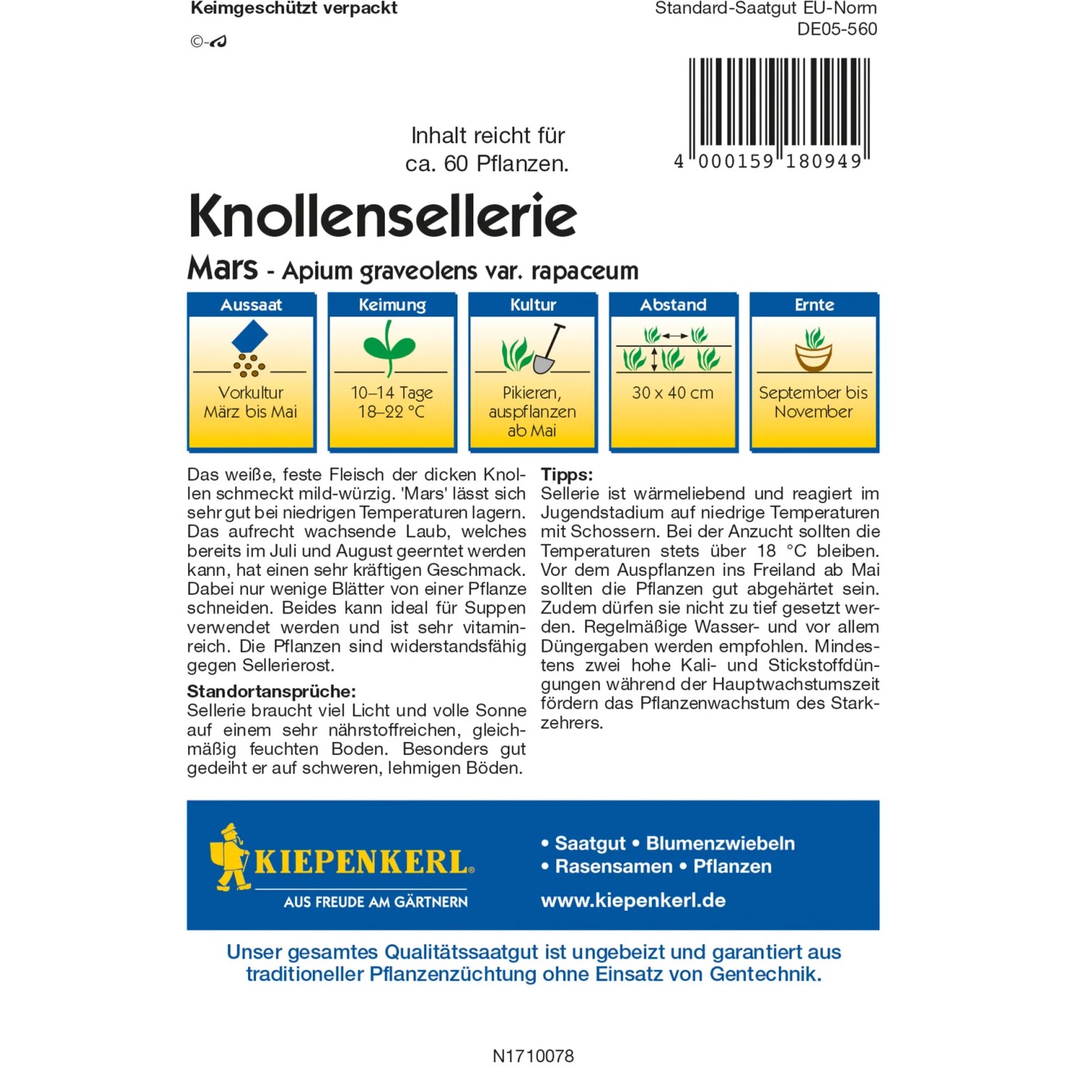 Kiepenkerl Knollensellerie Mars Samenpackung mit Anbauhinweisen.