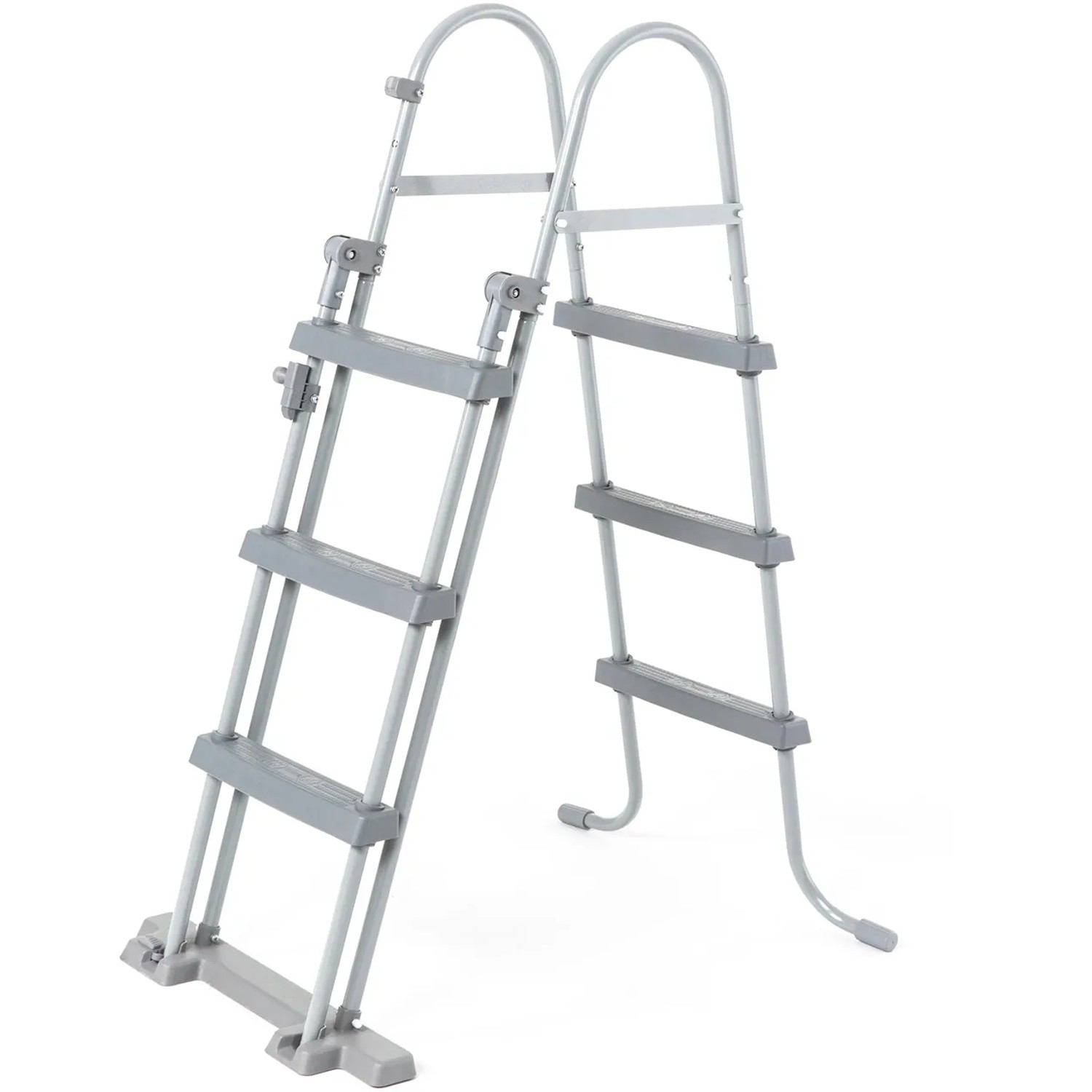 Leiter für Bestway Stahlrahmen Pool, grau, mit vier Stufen und Sicherheitsmechanismus.