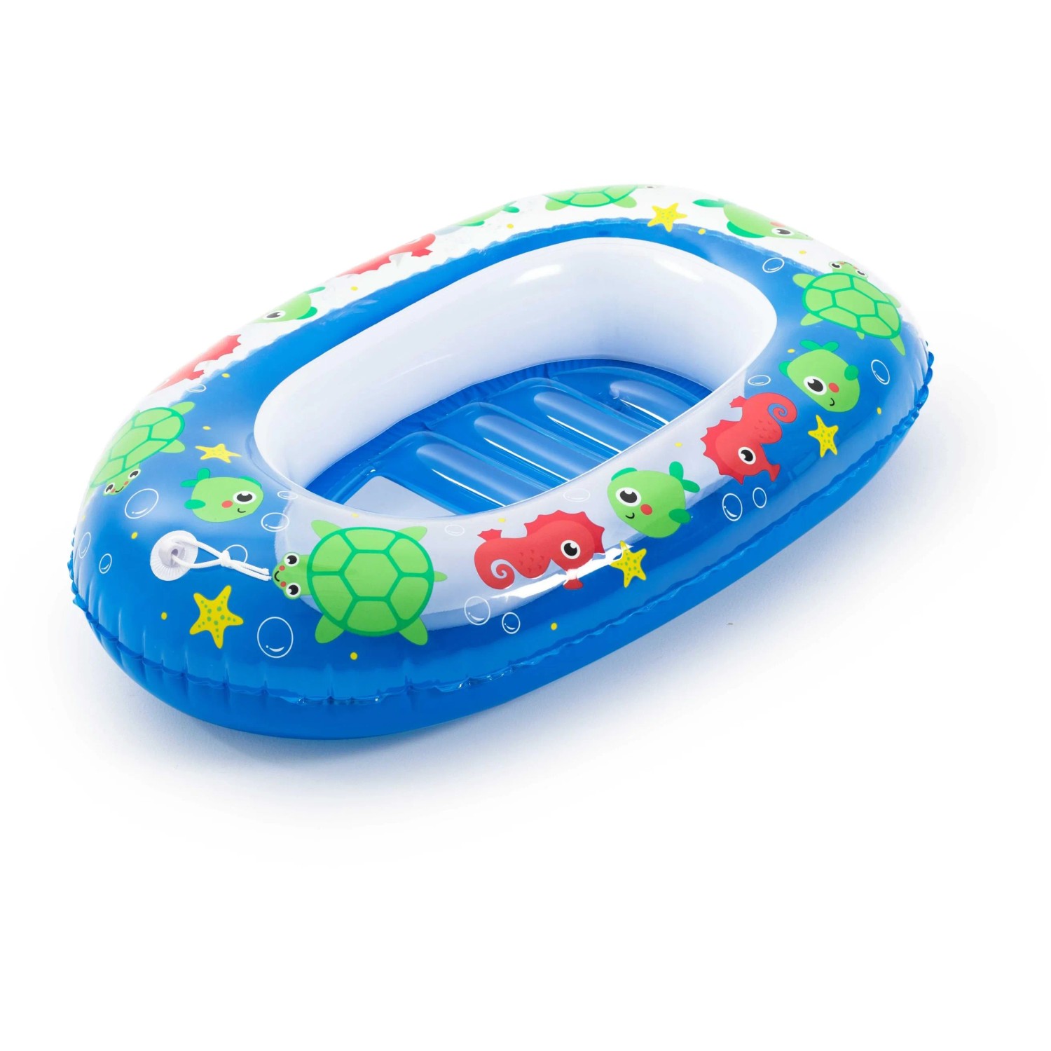 Blaues Bestway Kinder Schlauchboot mit Fenster, verziert mit Meerestieren und Sternen.