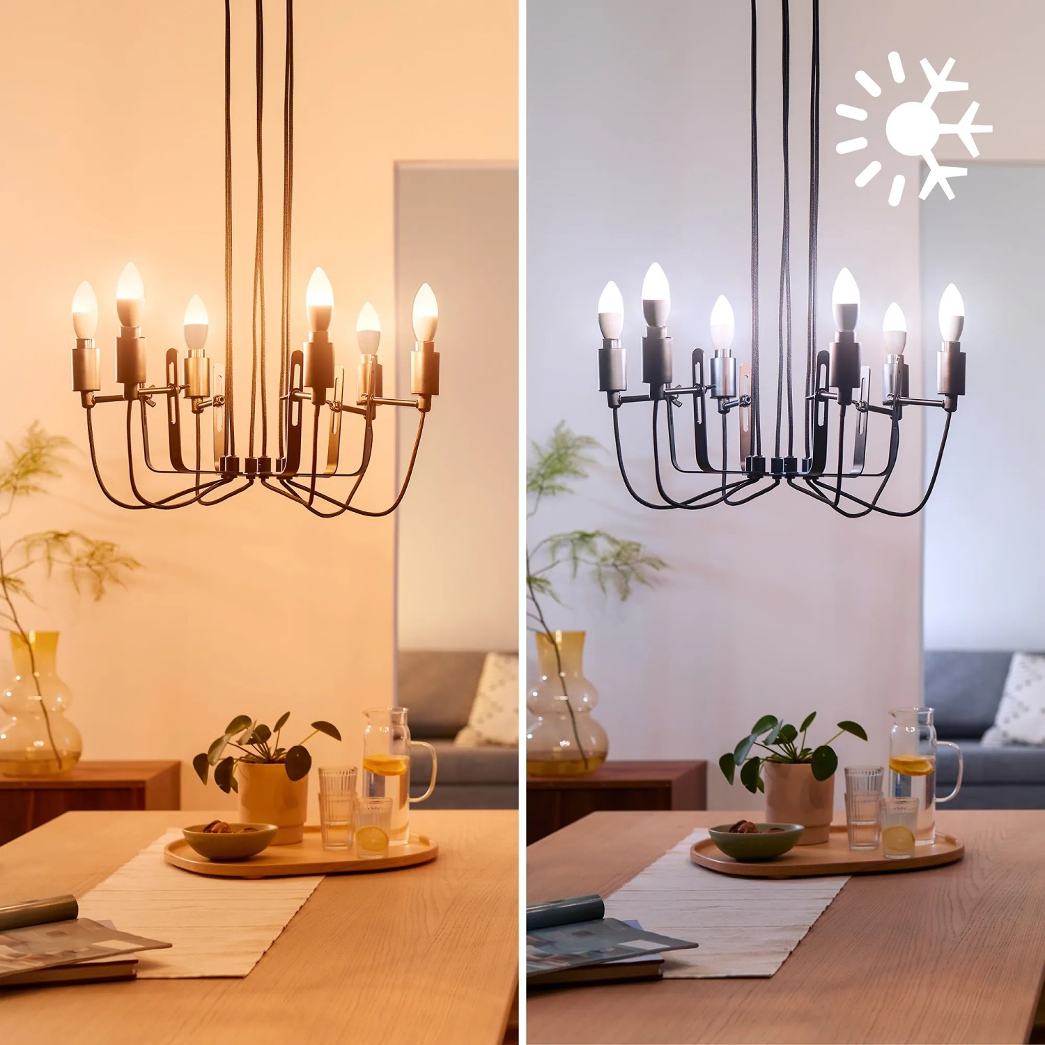Philips WIZ E14 Kerzenlampen 3er-Set mit warmweißem und kaltweißem Licht an einem Kronleuchter.