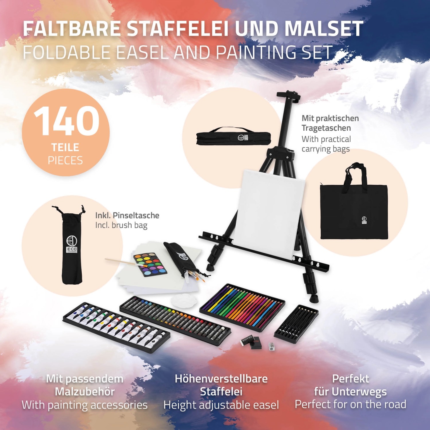 ECD Germany 140-teiliges Malset mit Staffelei, Farben, Pinseln und Zubehör.