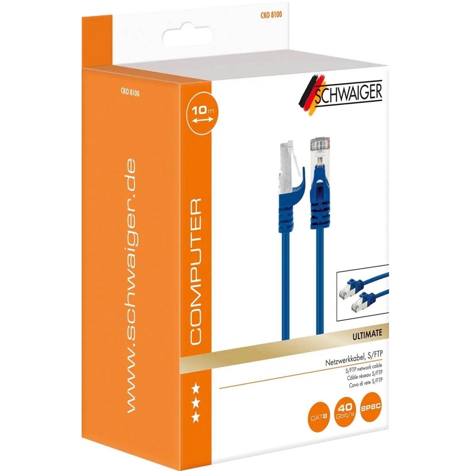Schwaiger CAT8 Netzwerkkabel, blau, 10m, auf Verpackung. Kabel für Computer & Multimedia.